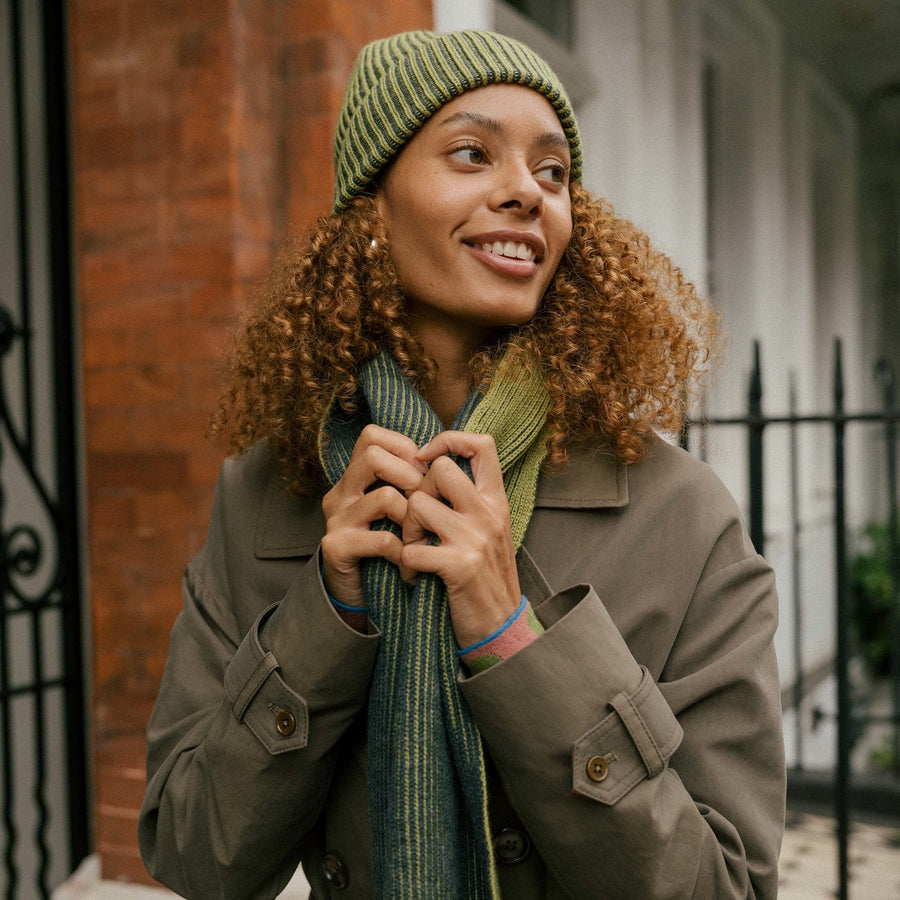 Knitted Merino Beanie - Green/Navy