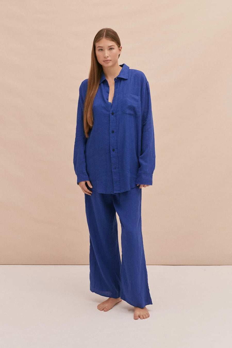 Women's Long Lounge Set Plain Linen Lazuli